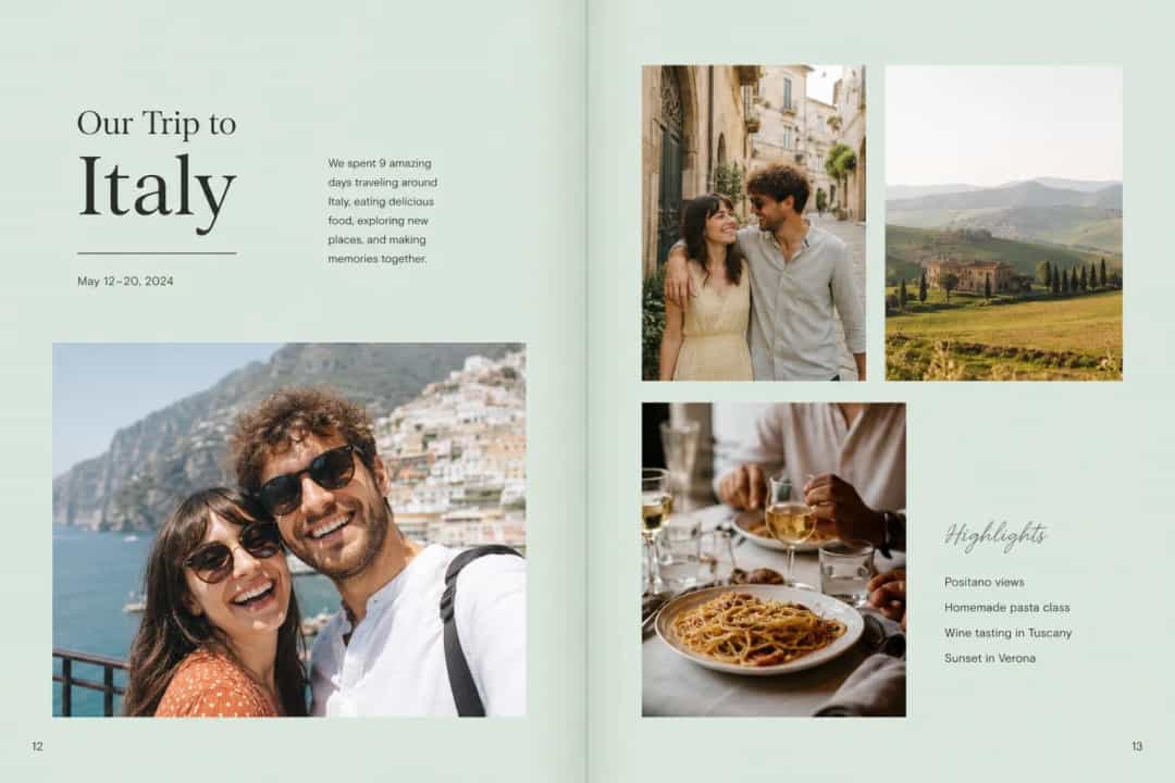 Personalized photo book with pictures and text on a table