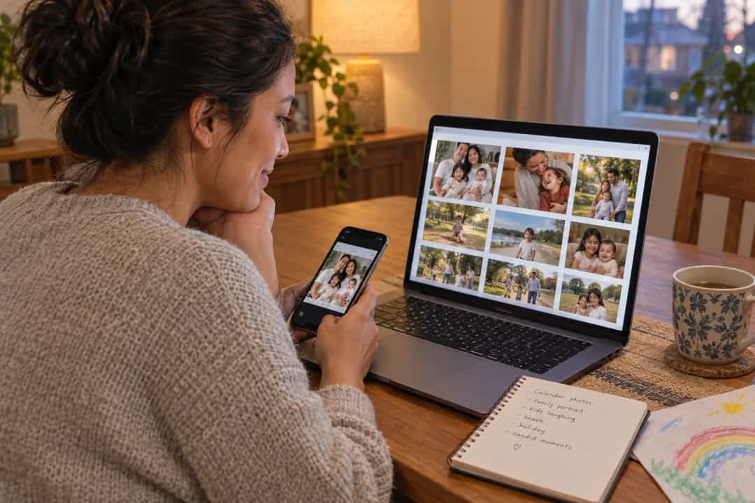 Relatives collecting original family photos and notes for a grandparents' calendar