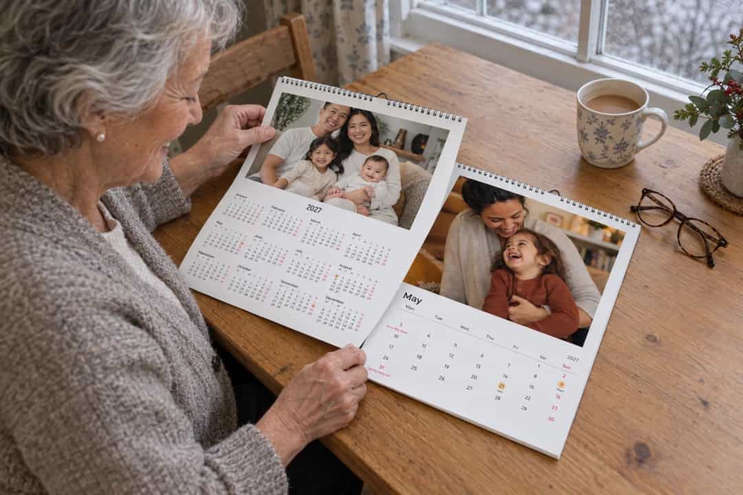 Illustrated family photo calendar with twelve monthly pages and snapshots on a table