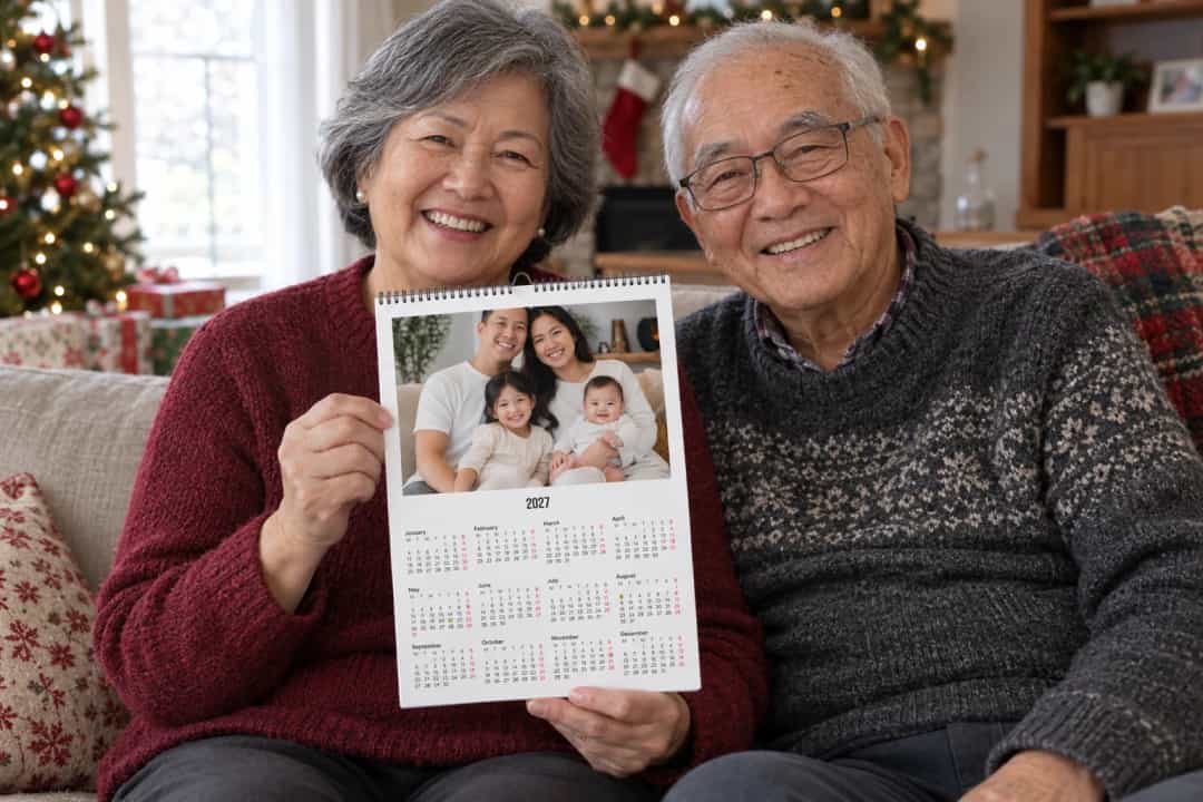 Open photo calendar and handwritten family dates being checked before Christmas gifting