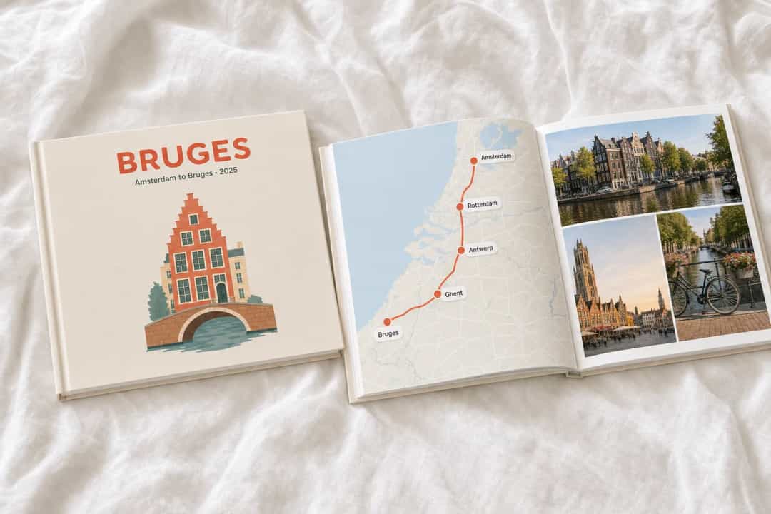 Minimal illustrated multi-stop travel photo book cover with a canal bridge and two map pins