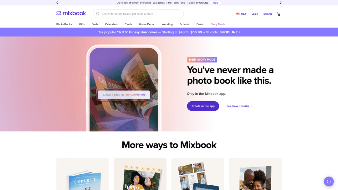 Screenshot of Mixbook homepage
