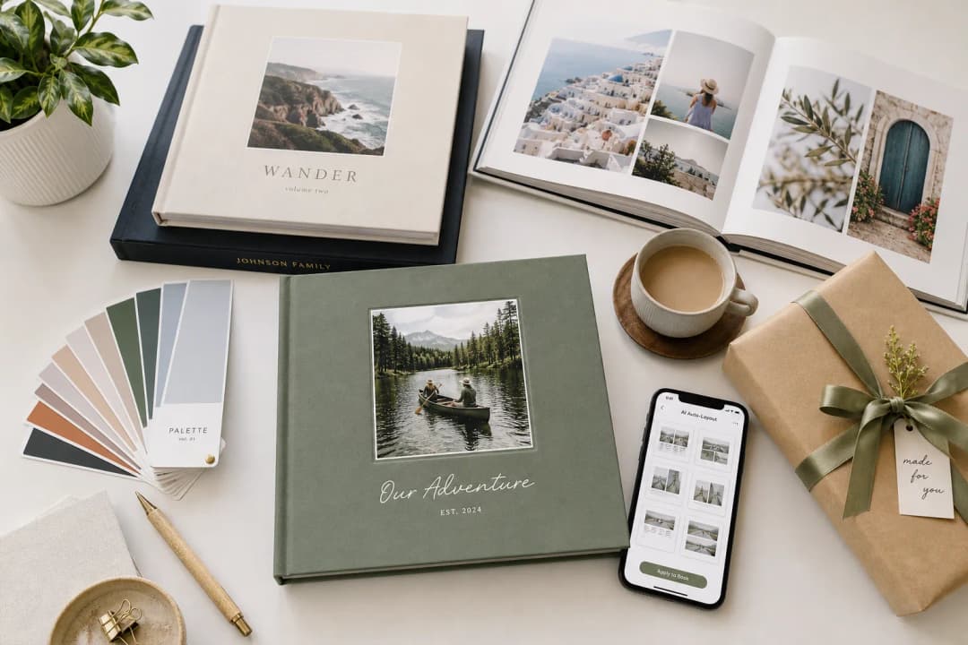 Illustration of premium photo books and AI photo book editor on a modern desk