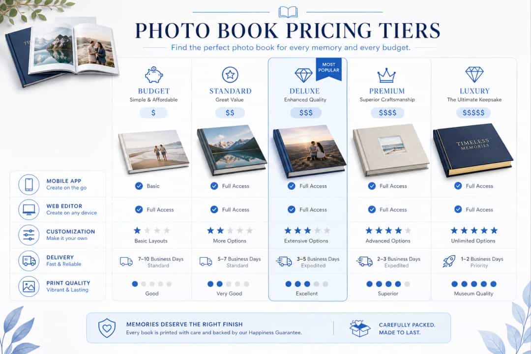 Infographic illustration comparing photo book pricing tiers and value factors