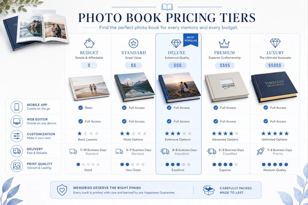 Infographic illustration comparing photo book pricing tiers and value factors