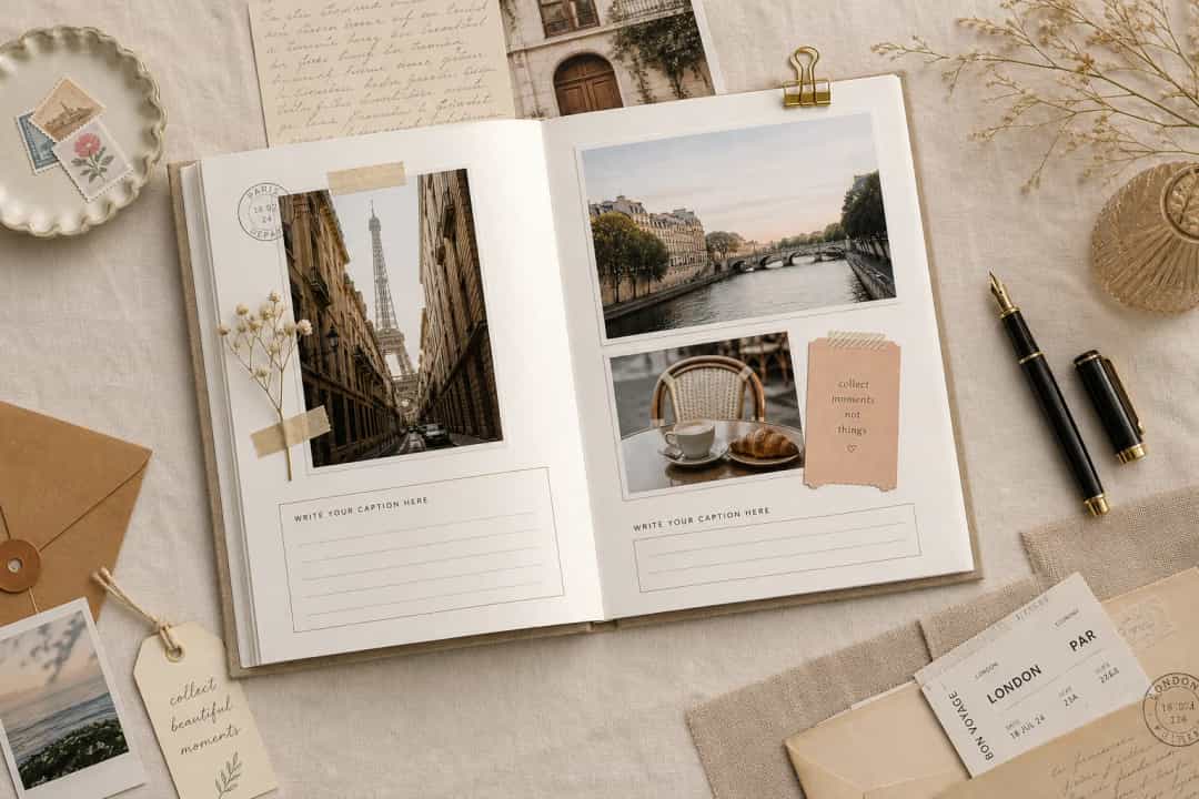 Custom photo book with writable caption areas and scrapbook styling