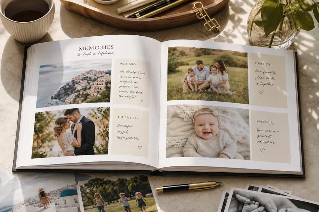 Open photo book with journaling space and handwritten notes