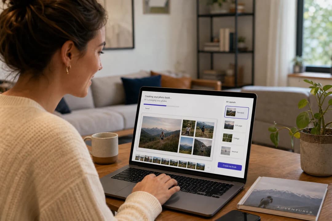 Person creating a photo book online with AI layout assistance