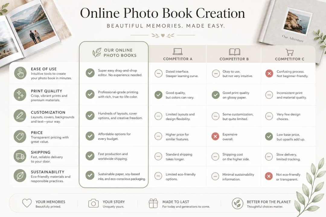Comparison infographic for online photo book services