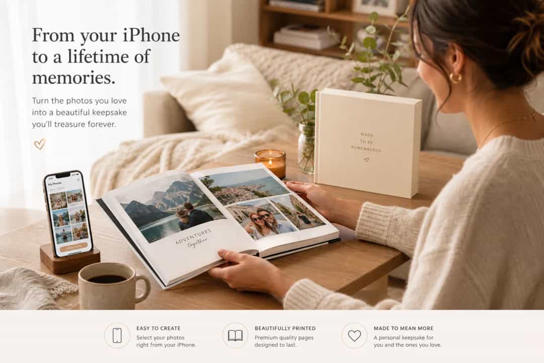Illustration of turning iPhone photos into a printed photo book
