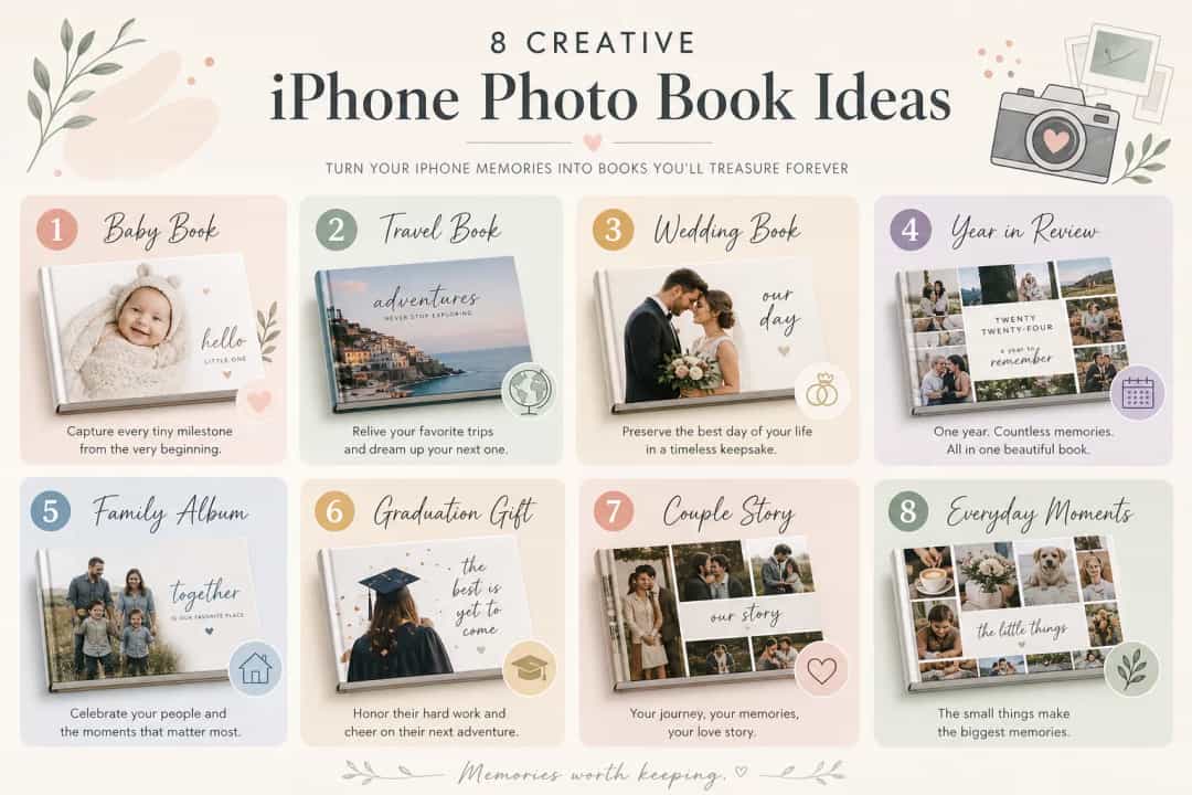 Infographic with creative iPhone photo book ideas
