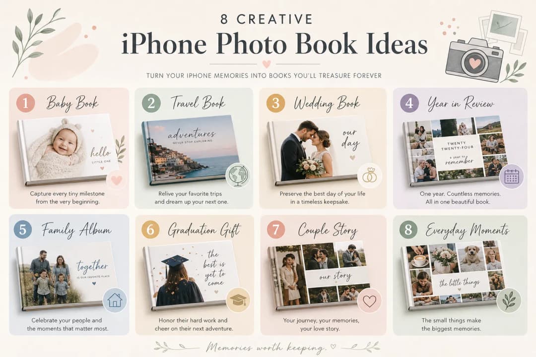Infographic with creative iPhone photo book ideas