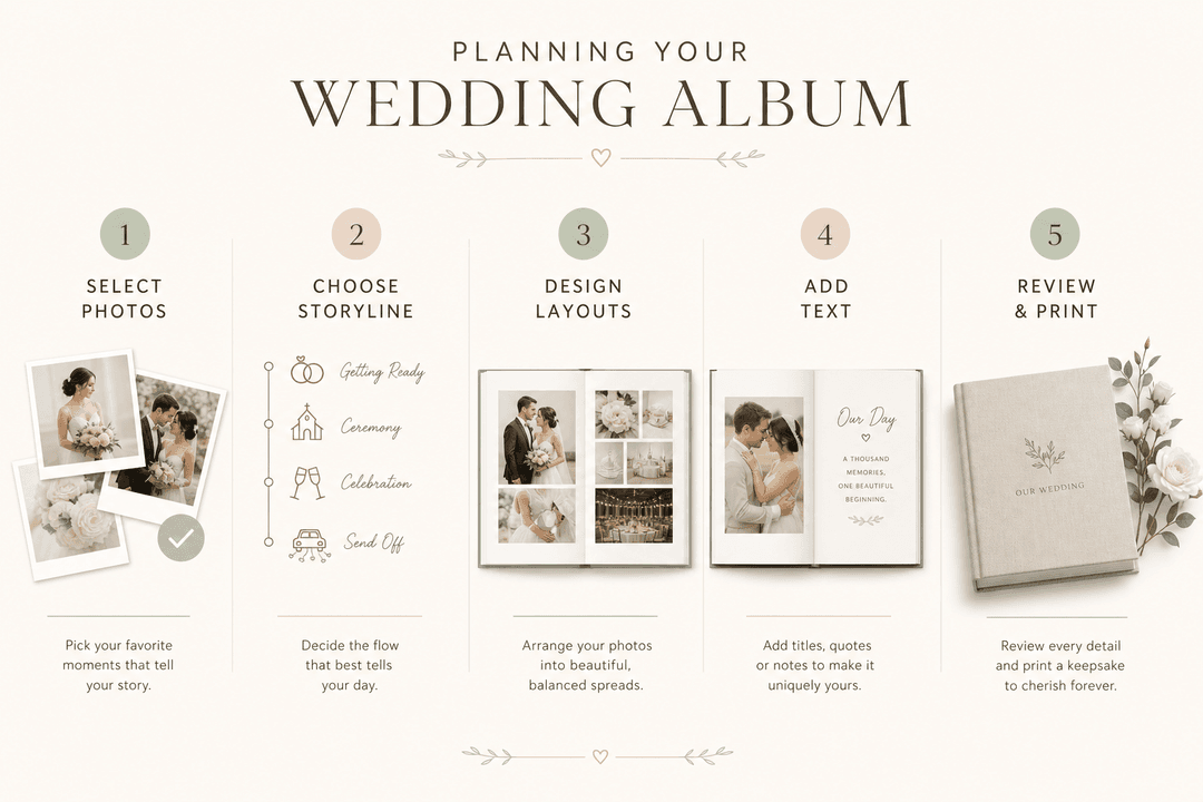 Infographic of wedding album planning steps
