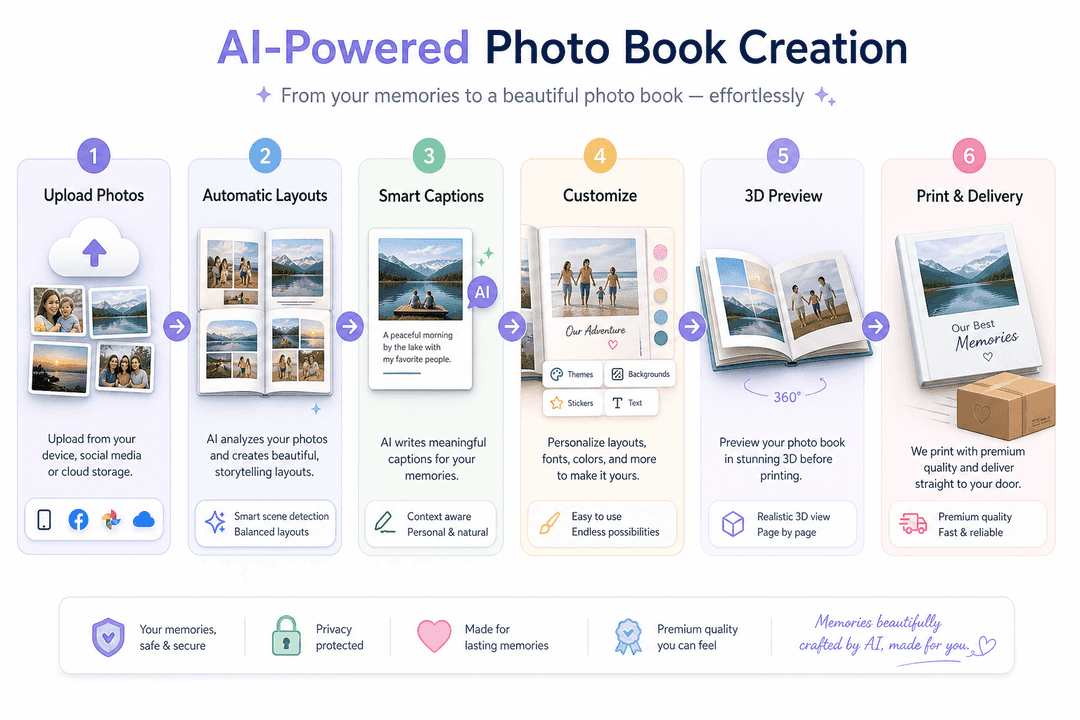 Infographic showing AI photo book workflow from upload to print delivery