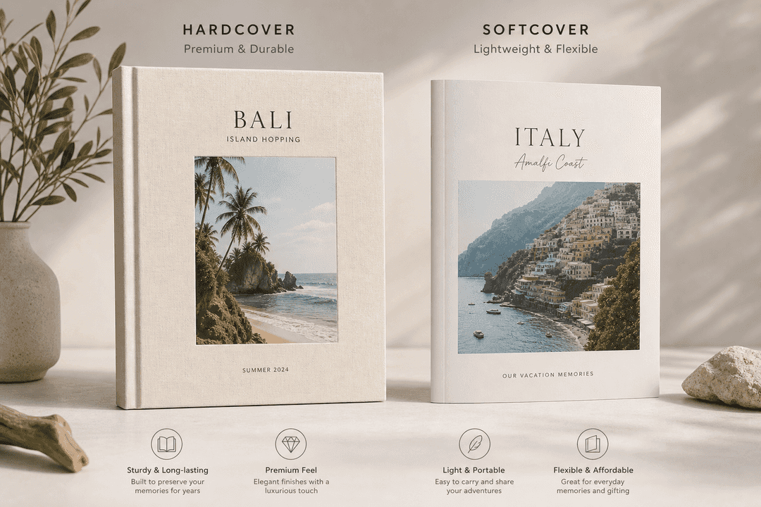 Illustration comparing hardcover and softcover vacation photo books with premium travel-themed covers