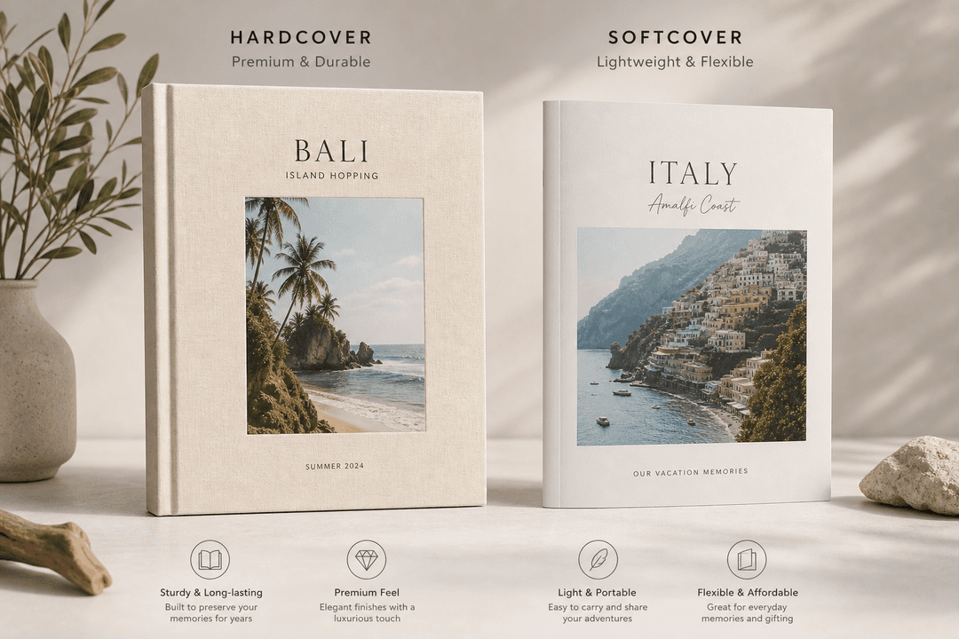 Illustration comparing hardcover and softcover vacation photo books with premium travel-themed covers