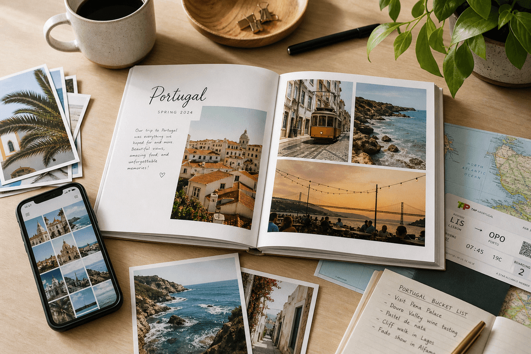 Vacation photo book planning on a desk with smartphone, tickets, map and printed travel photos