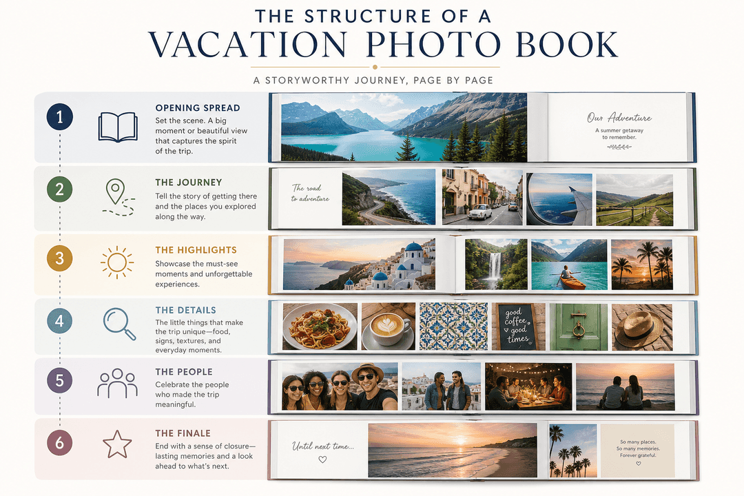 Infographic illustration showing vacation photo book structure from opening spread to finale