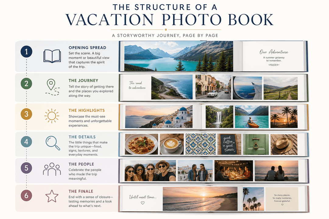 Infographic illustration showing vacation photo book structure from opening spread to finale