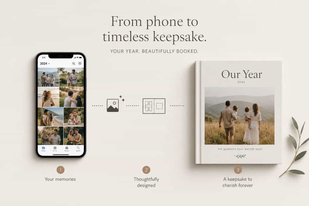 Minimal illustration of a smartphone becoming a modern annual photo book