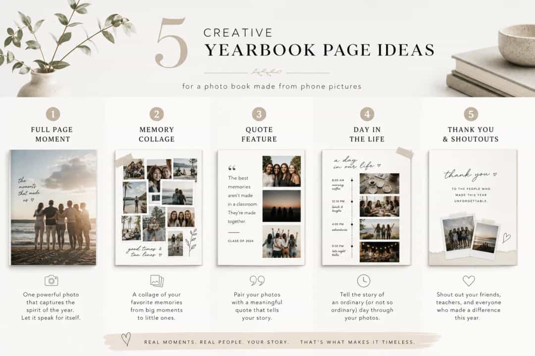 Infographic illustration showing five creative yearbook page ideas