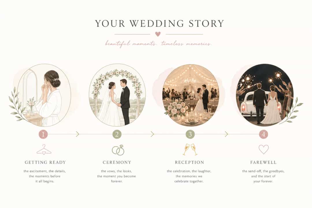 Infographic showing wedding album storytelling flow from getting ready to ceremony to reception and farewell