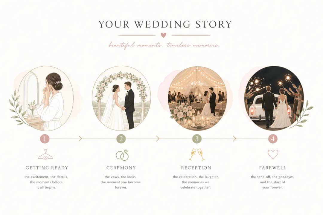 Infographic showing wedding album storytelling flow from getting ready to ceremony to reception and farewell