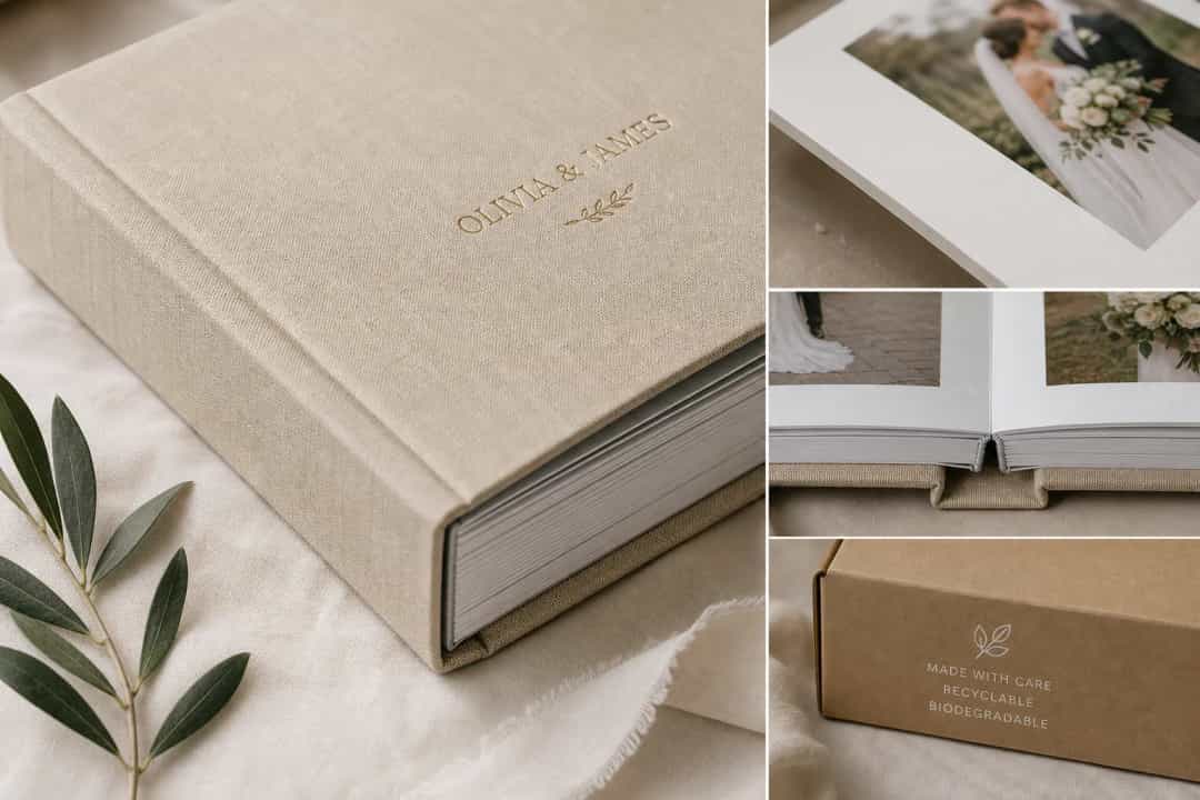 Close-up illustration of premium wedding photo album materials including linen cover, matte pages, layflat binding and recyclable packaging