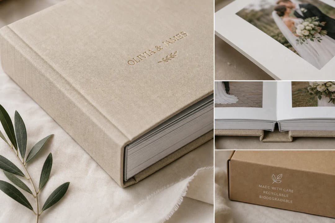 Close-up illustration of premium wedding photo album materials including linen cover, matte pages, layflat binding and recyclable packaging