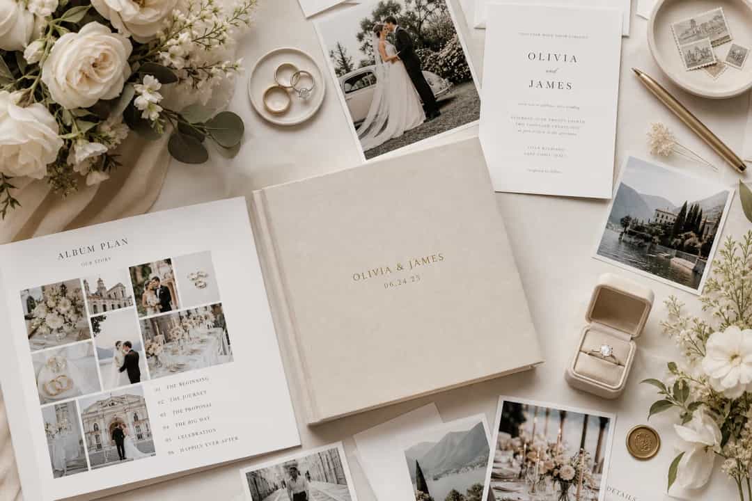Elegant wedding photo album planning flat lay with printed photos, invitation, rings and soft florals