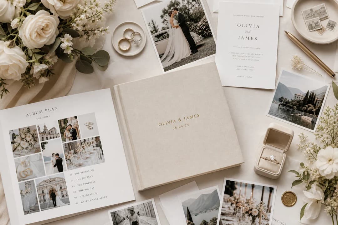 Elegant wedding photo album planning flat lay with printed photos, invitation, rings and soft florals
