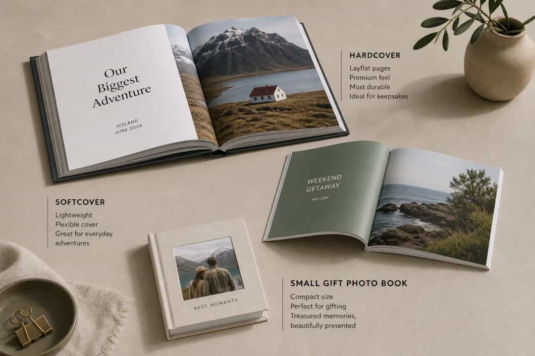 Comparison of hardcover, softcover, and small gift photo book formats