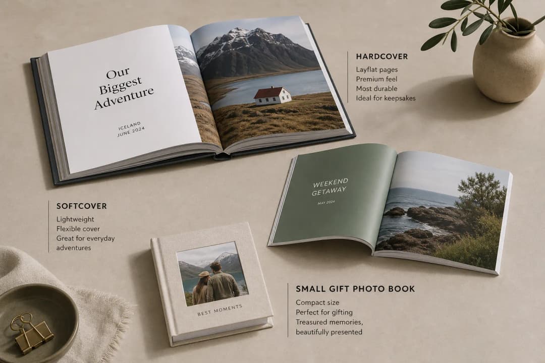 Comparison of hardcover, softcover, and small gift photo book formats