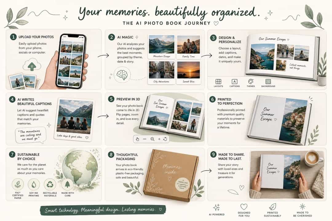 AI-powered photo book creation workflow with layouts and 3D preview