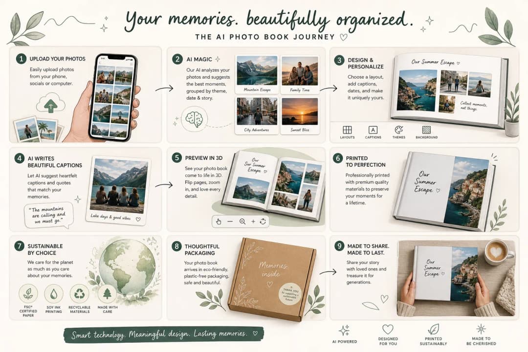 AI-powered photo book creation workflow with layouts and 3D preview