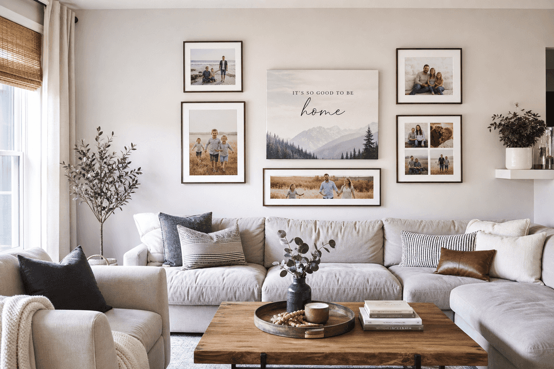 Gallery wall with family prints and canvas wall art in stylish living room
