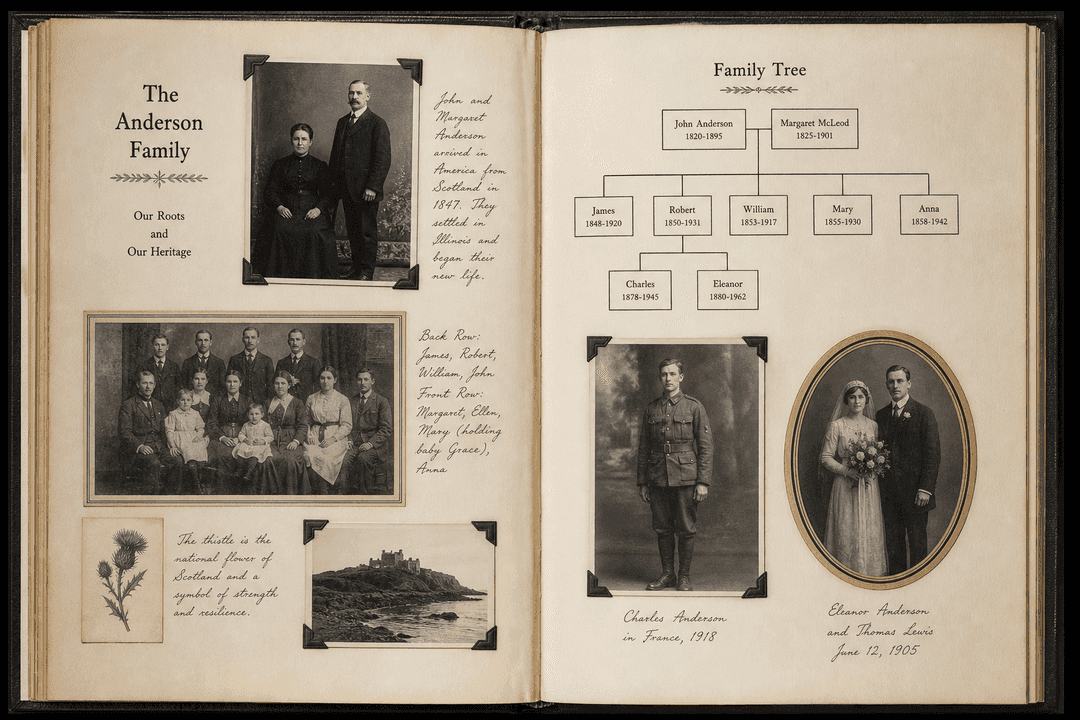 Family heritage album with old scanned photos and family tree elements
