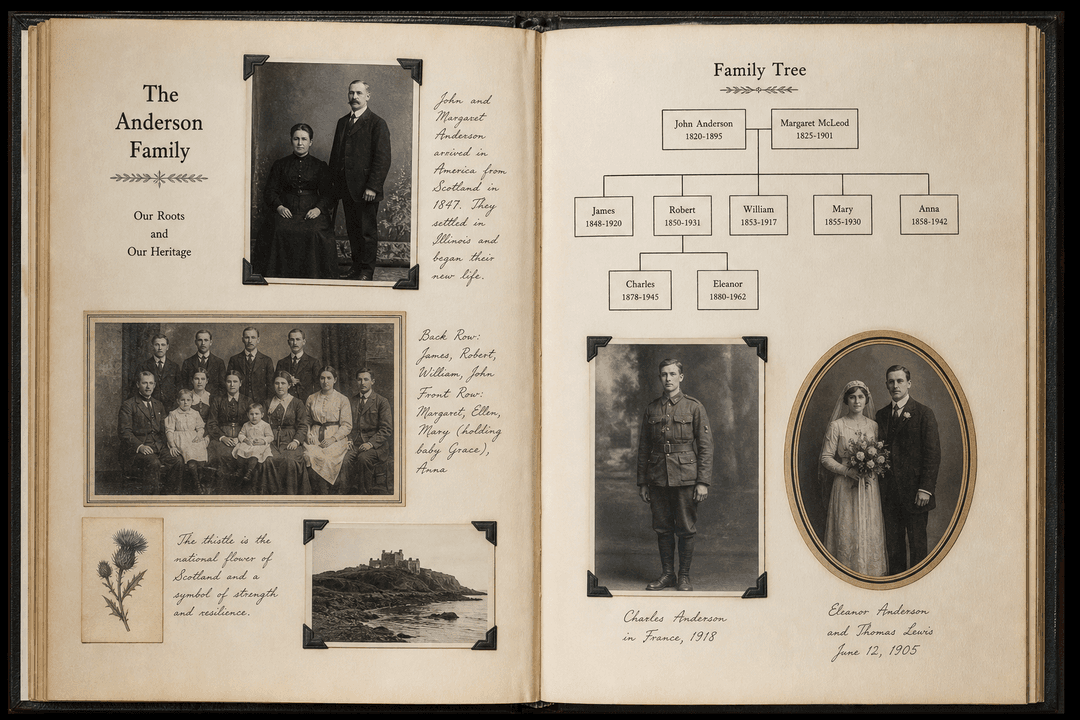 Family heritage album with old scanned photos and family tree elements