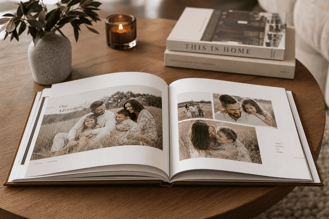 Family photo album on coffee table with candid memories