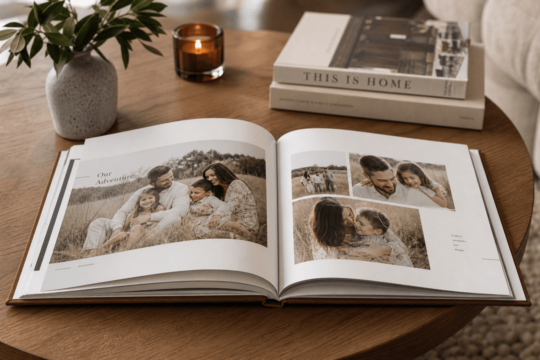 Family photo album on coffee table with candid memories