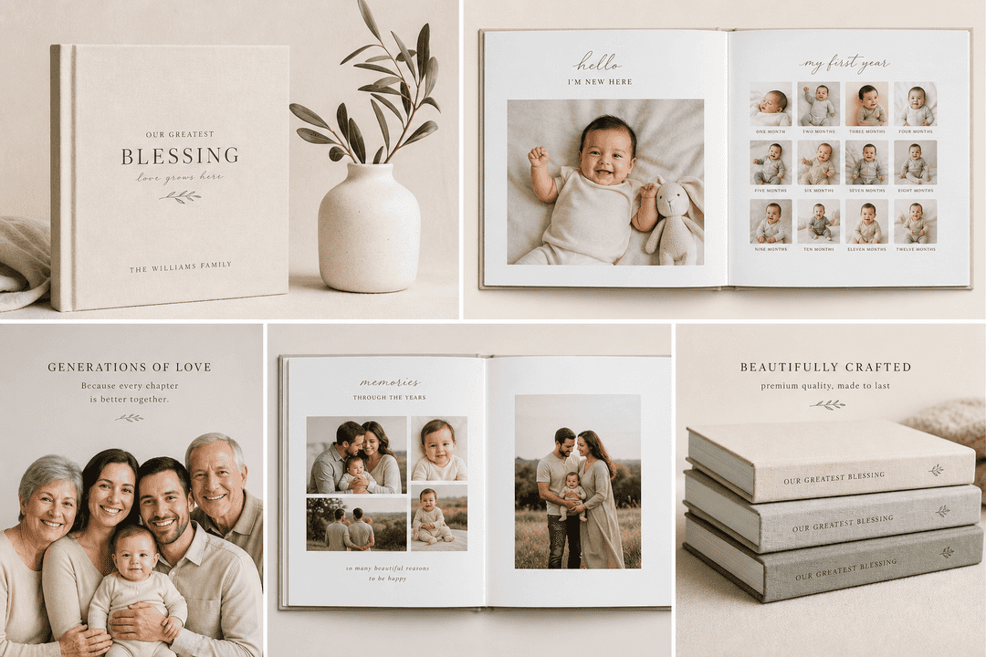 Baby milestone family album with first year memories