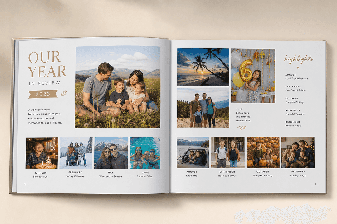 Year in review family photo book with modern layout