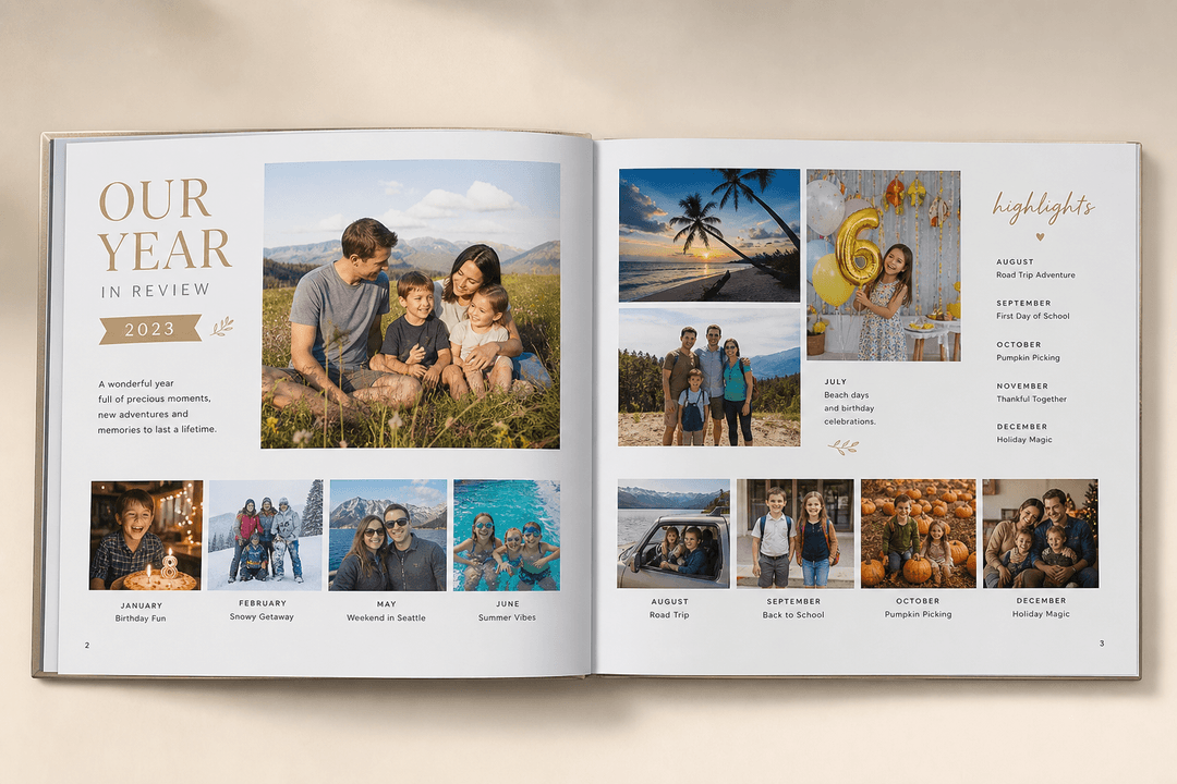 Year in review family photo book with modern layout