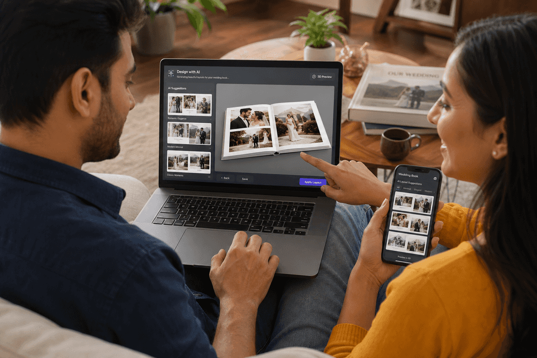 Couple creating a wedding photo book on laptop and phone with AI suggestions