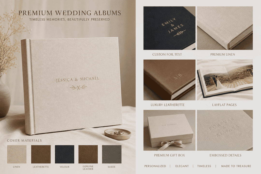 Premium wedding album materials and personalization options