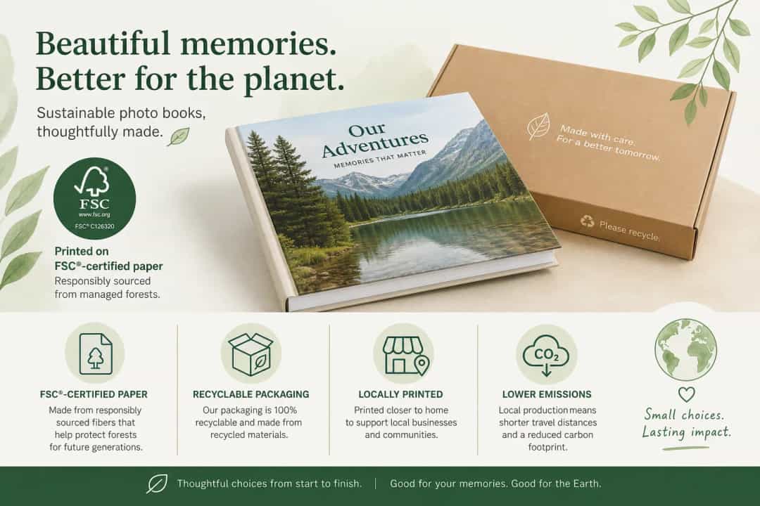 Illustration of sustainable photo book production and recyclable packaging