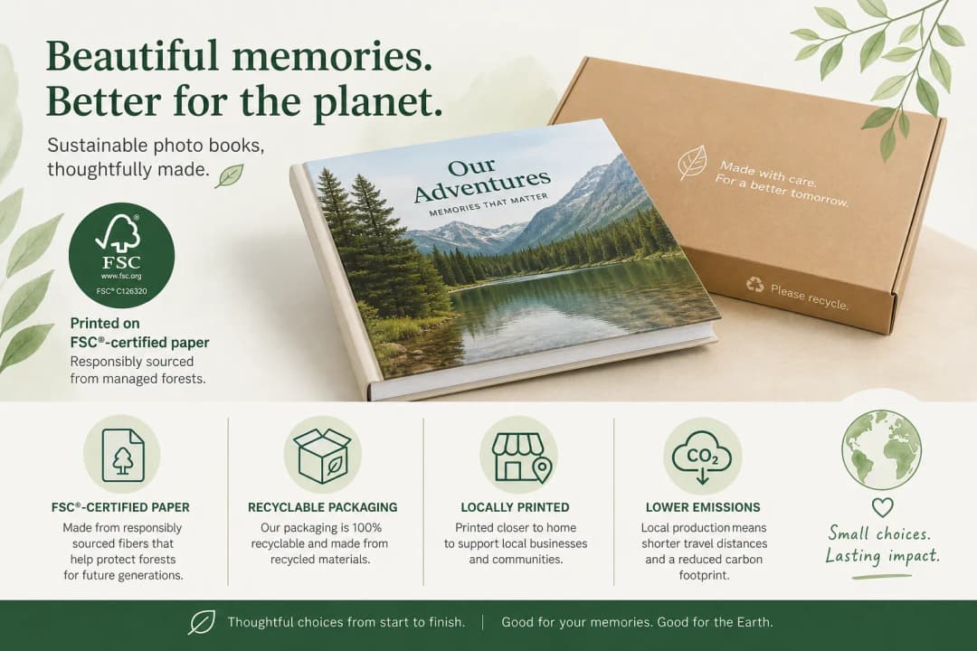 Illustration of sustainable photo book production and recyclable packaging