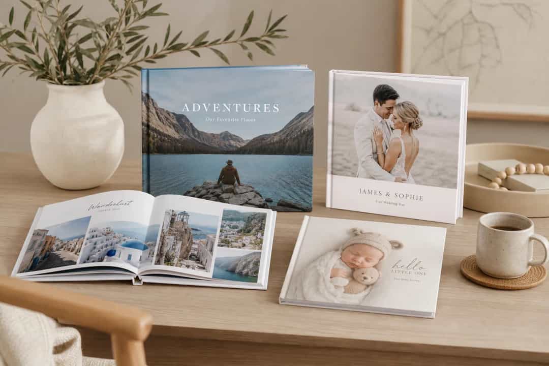 Illustration of premium hardcover and softcover photo books with memory themes