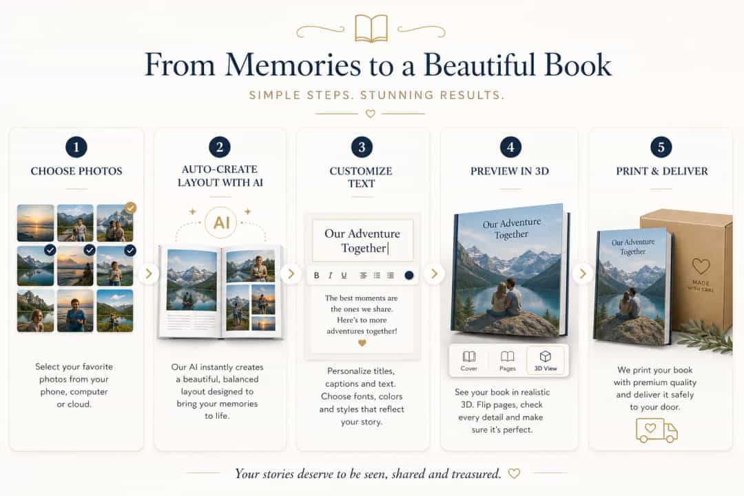 Infographic-style illustration of steps to make and print a book