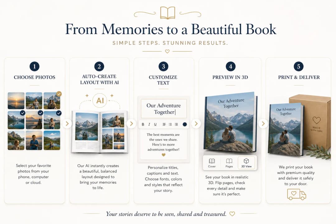 Infographic-style illustration of steps to make and print a book